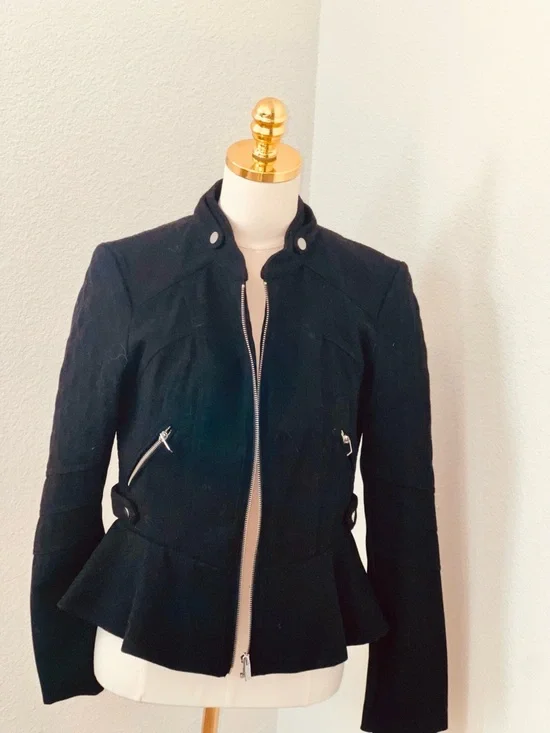 Blanc Noir Black Moto Jacket Peplum Zip Front Fitted Size M Chic - Picture 3 of 14